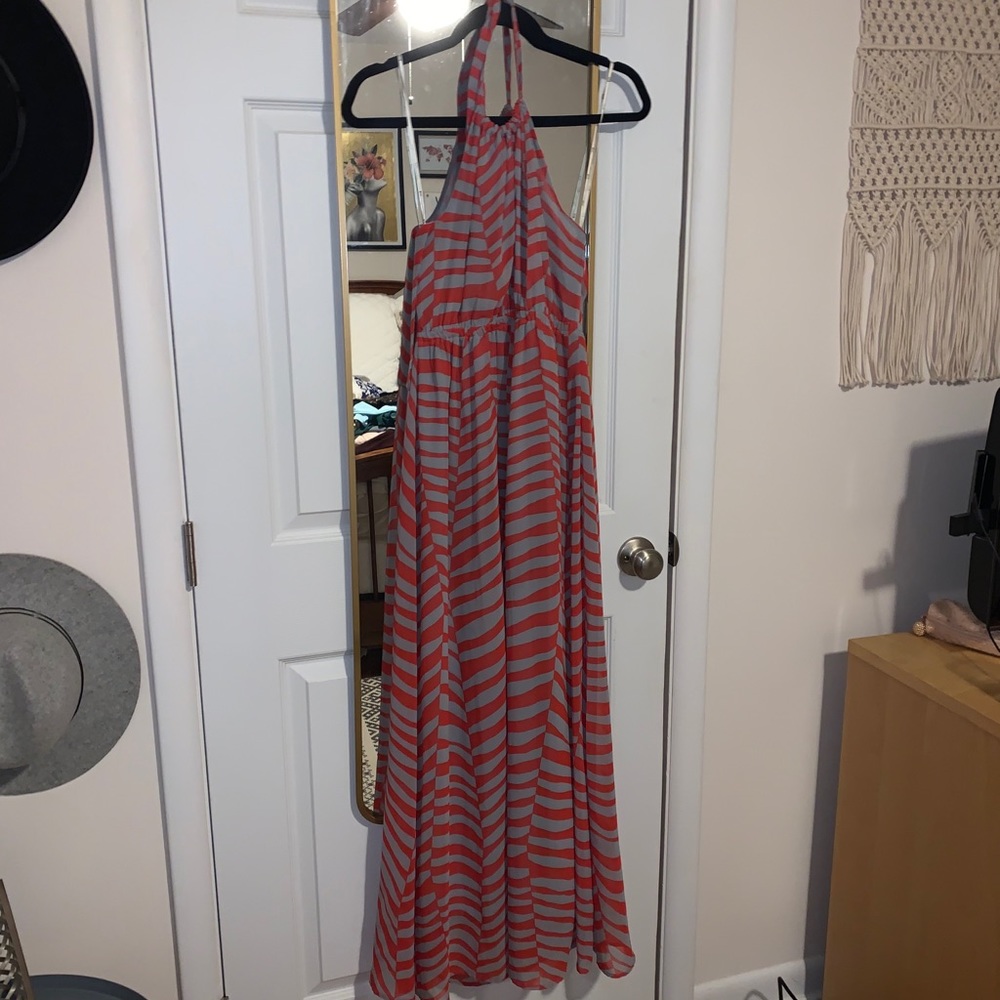 Gray and Coral Maxi Halter Dress